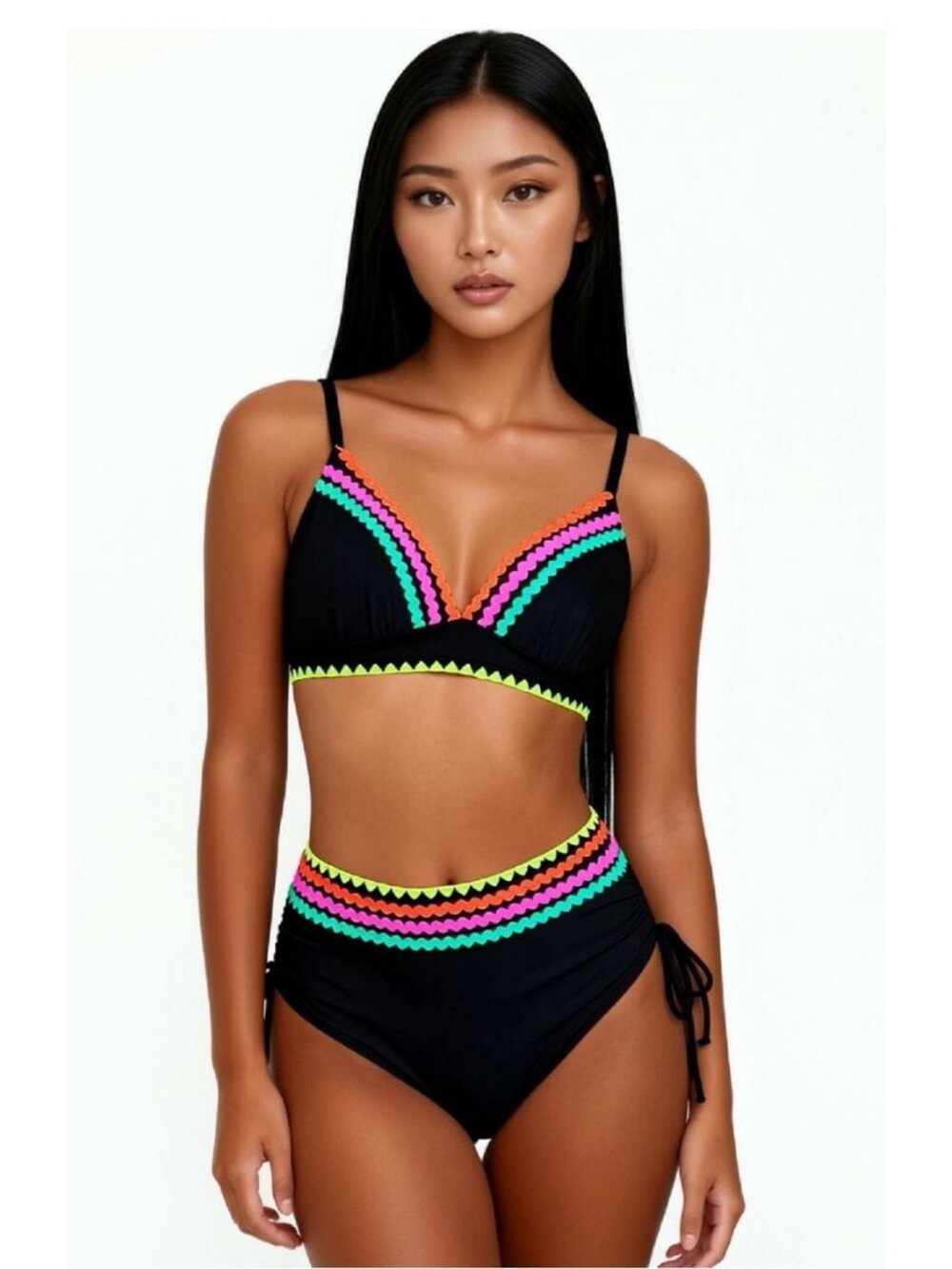 POPVIL Med Black Neon High Waisted Bikini Tummy Control Two Piece Swimsuit NWT